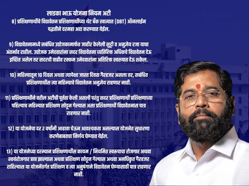 लाडका भाऊ योजना८) या योजनेंतर्गत उपरोक्त तत्क्यात नमूद दरमहा विद्यावेतन रक्कम शासनाद्वारे प्रशिक्षणार्थ्यांना अदा करण्यात येईल. प्रशिक्षणा दरम्यान प्रशिक्षणार्थीची दैनिक हजेरी संबंधित आस्थापना /उद्योग ऑनलाईन पद्धतीने घेण्यात येईल. सदर ऑनलाईन उपस्थितीच्या आधारे प्रशिक्षणार्थीचे विद्यावेतन प्रशिक्षणार्थीच्या थेट बैंक खात्यात (DBT) ऑनलाईन पद्धतीने दरमहा अदा करण्यात येईल. ९) विद्यावेतनामध्ये सबंधित उद्योजकामार्फत जाहीर केलेली सुट्टी व अनुज्ञेय रजा याचा अंतर्भाव राहील. उद्योजक उमेदवारांना सदर विद्यावेतना व्यतिरिक्त अधिकचे विद्यावेतन देऊ इच्छित असेल तर सदरची वाढीव रक्कम उमेदवारांना अतिरिक्त स्वरुपात देऊ शकेल. १०) या योजनेंतर्गत प्रशिक्षणार्थी महिन्यातून १० दिवस अथवा त्यापेक्षा जास्त दिवस गैरहजर असला तर, सबंधित प्रशिक्षणार्थीस त्या महिन्याचे विद्यावेतन अनुज्ञेय राहणार नाही. 