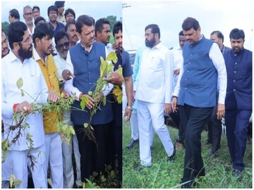 शिंदे फडणवीस शेतकऱ्यांच्या बांधावर