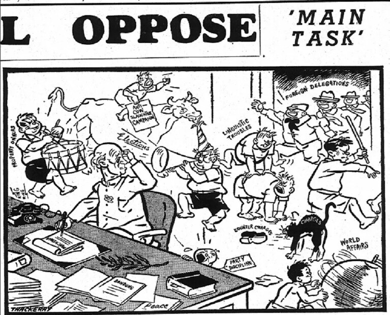  निवडणुकीवेळी राजकीय पक्ष कसं काम करतात हे दाखवणारं 16 एप्रिल 1955 ला प्रसिद्ध झालेलं हे व्यंगचित्र.