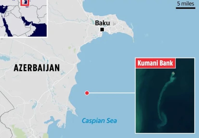 अझरबैजानच्या किनाऱ्यापासून 15 मैल अंतरावर असलेल्या कुमानी बँक मड ज्वालामुखीचा 2023 मध्ये उज्रेक झाला. ज्यामुळे द्रव, वायू आणि गाळाचं मिश्रण पृष्ठभागावर पसरलं.