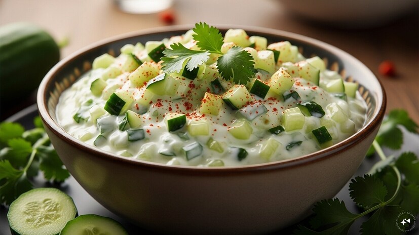 काकडीचं रायतं : काकडीसह ताजं दही एक साइड डिश, जी पचनास मदत करते आणि आतड्यांच्या आरोग्यासाठी प्रोबायोटिक्स पुरवते.