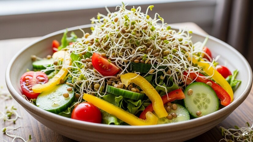 स्प्राउट्स सलाड :  स्प्राऊटेड कडधान्य, ताज्या भाज्या आणि त्यावर लिंबू हे मिश्रण. यात कॅलरी कमी, पोषक तत्वांचं प्रमाण जास्त असतं आणि हे चयापचयासाठी उत्तम आहे. (सर्व फोटो : AI Generated)
