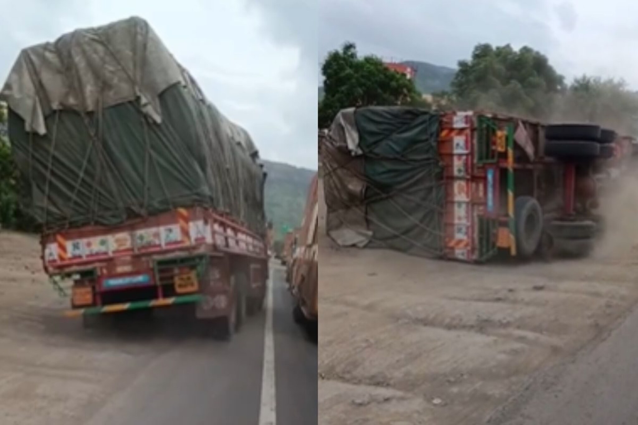 ओव्हरलोड ट्रकचा भयंकर अपघात, धावता धावता अचानक पलटी, प्रवाशांचा काळजा ठोका चुकवण