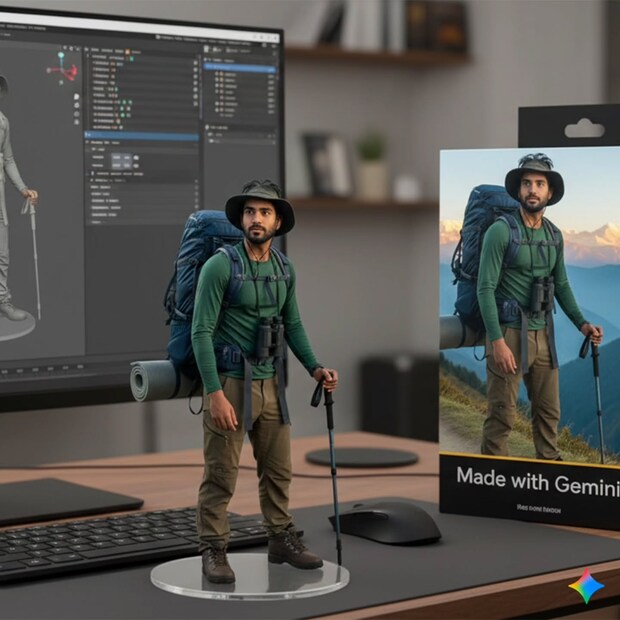 विशेष प्रॉम्प्ट वापरा - हे उदाहरण प्रॉम्प्ट कॉपी आणि पेस्ट करा जेमिनीमध्ये: “Create a 1/7 scale commercialized figurine of the characters in the picture, in a realistic style, in a real environment. The figurine is placed on a computer desk. The figurine has a round transparent acrylic base, with no text on the base. The content on the computer screen is a 3D modeling process of this figurine. Next to the computer screen is a toy packaging box, designed in a style reminiscent of high-quality collectible figures, printed with original artwork. The packaging features two-dimensional flat illustrations.