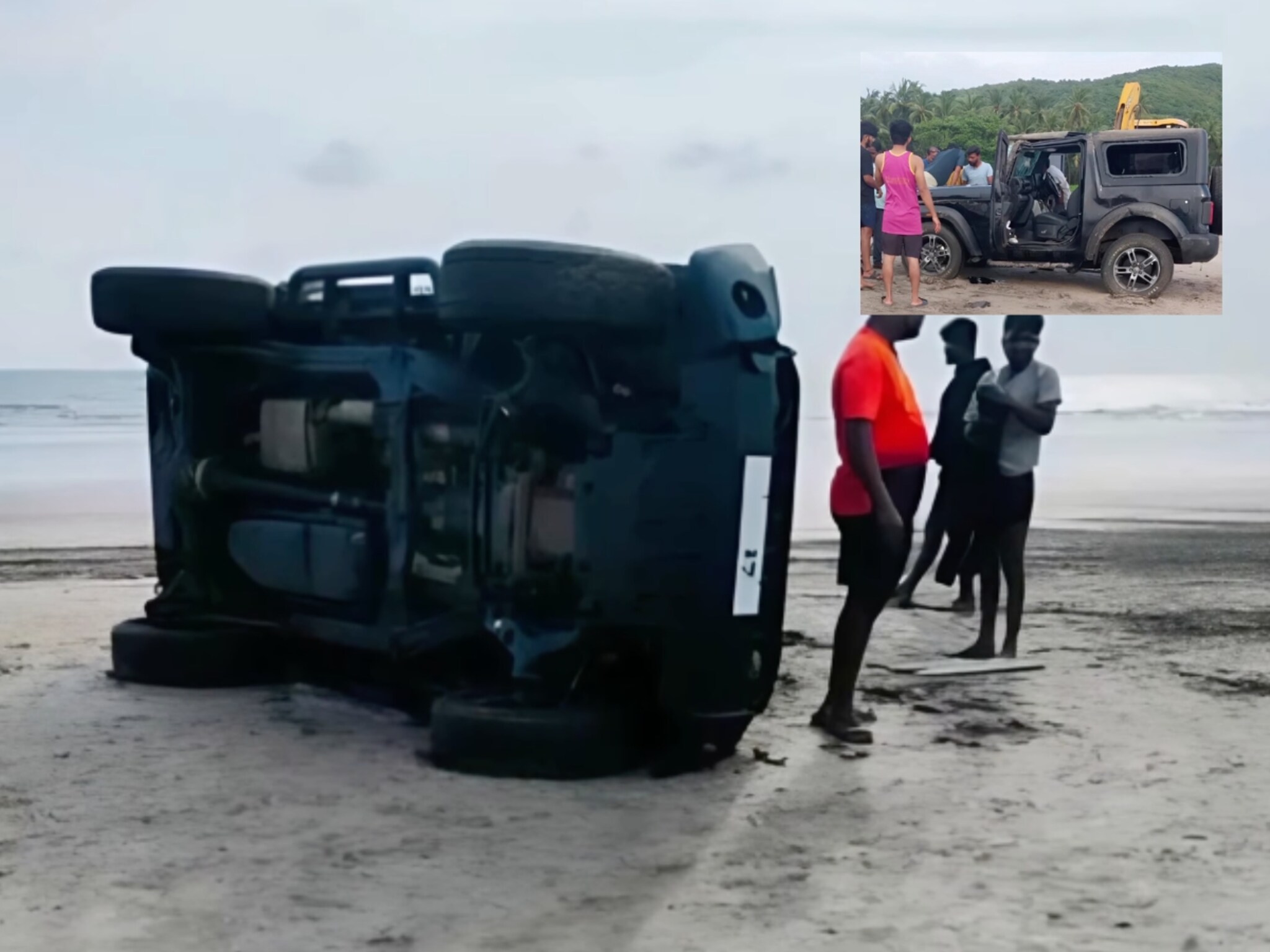 समुद्रकिनाऱ्यावर 'थार'चा थरार! सुसाट गाडी जागेवर पलटी, पर्यटकांच्या काळजाचा ठोका चुकला, घटना CCTVत कैद!