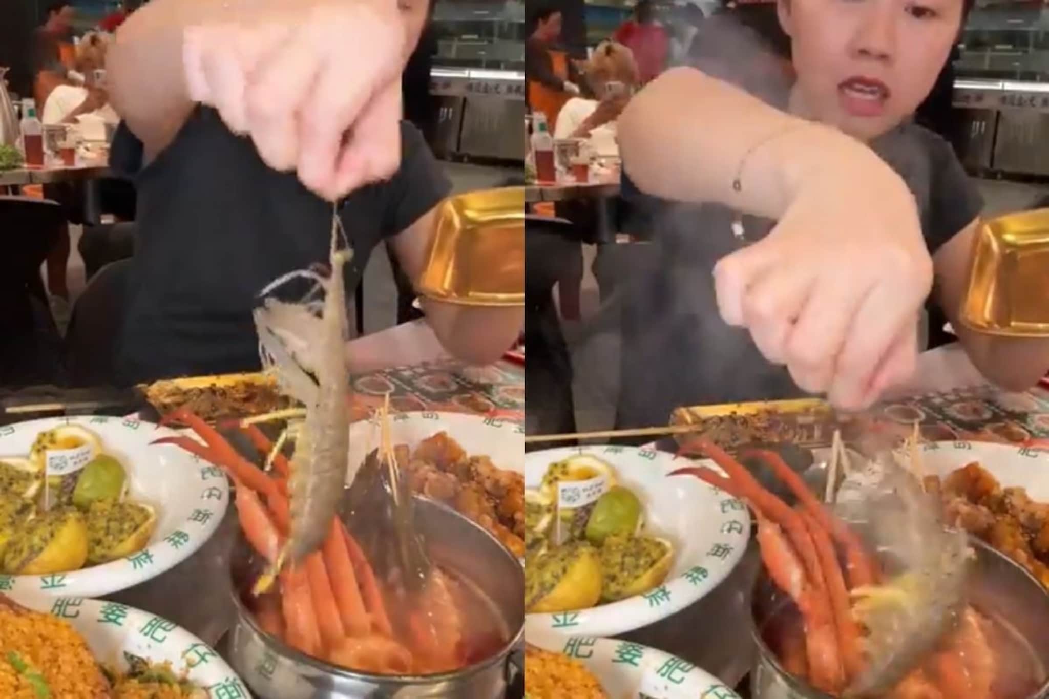 बापरे! जिवंत झिंगा खायला गेली पण झिंग्यानेच तिला 'खाल्लं', Shocking Video