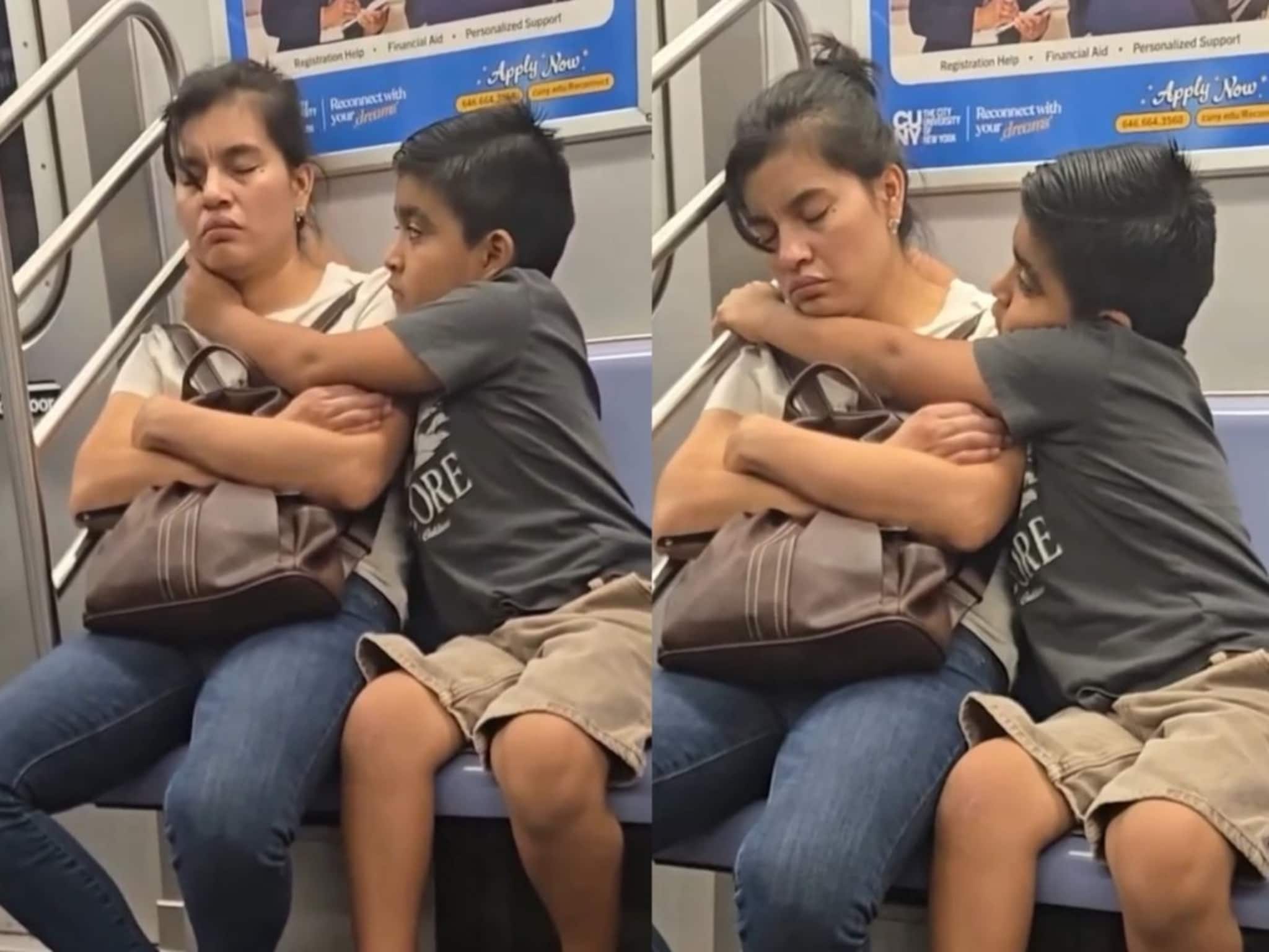 VIDEO : आई जो जो गं! डोळ्यावर झोप, हातही दुखला, तरी मेट्रोत गाढ झोपलेल्या आईचा आधार बनला चिमुकला