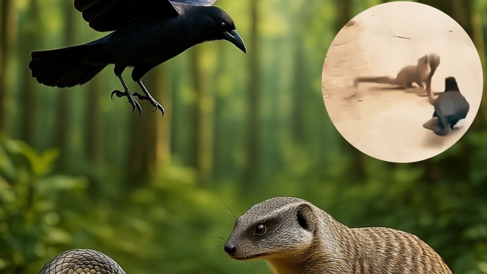 साप आणि मुंगूसाची लढाई, मधे पडला कावळा; पुढे काय घडलं? तुम्हीच VIDEO मध्ये पाहा