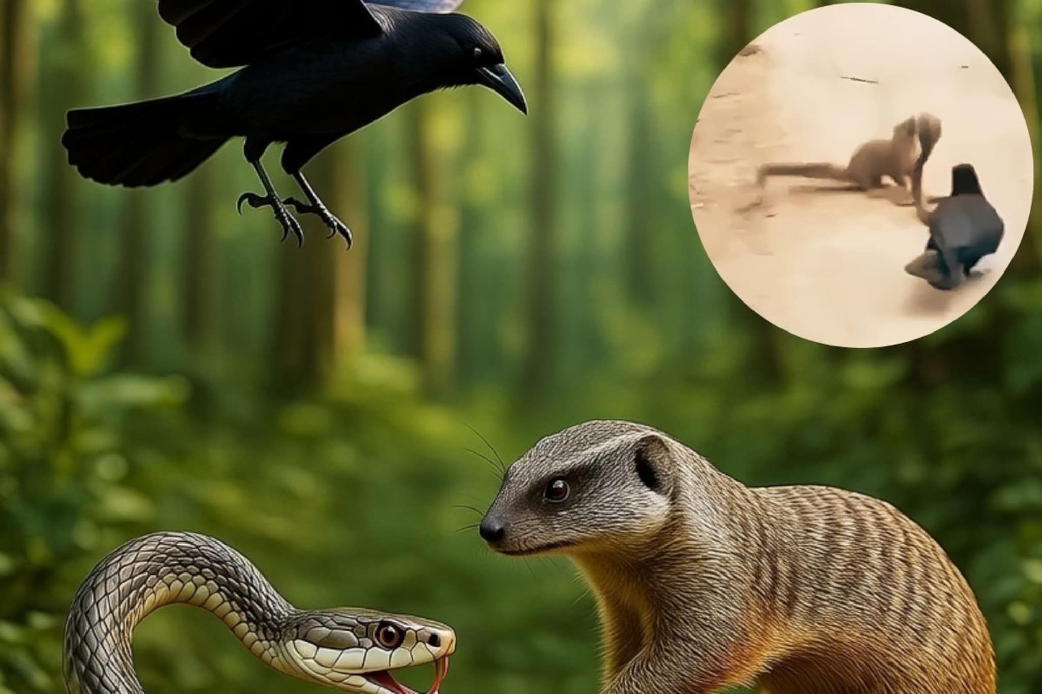 साप आणि मुंगूसाची लढाई, मधे पडला कावळा; पुढे काय घडलं? तुम्हीच VIDEO मध्ये पाहा