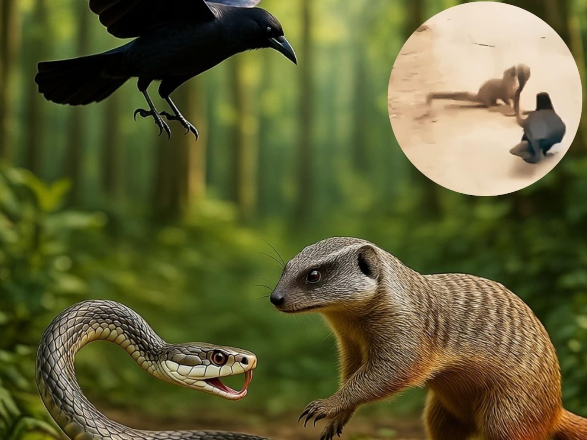 साप आणि मुंगूसाची लढाई, मधे पडला कावळा; पुढे काय घडलं? तुम्हीच VIDEO मध्ये पाहा