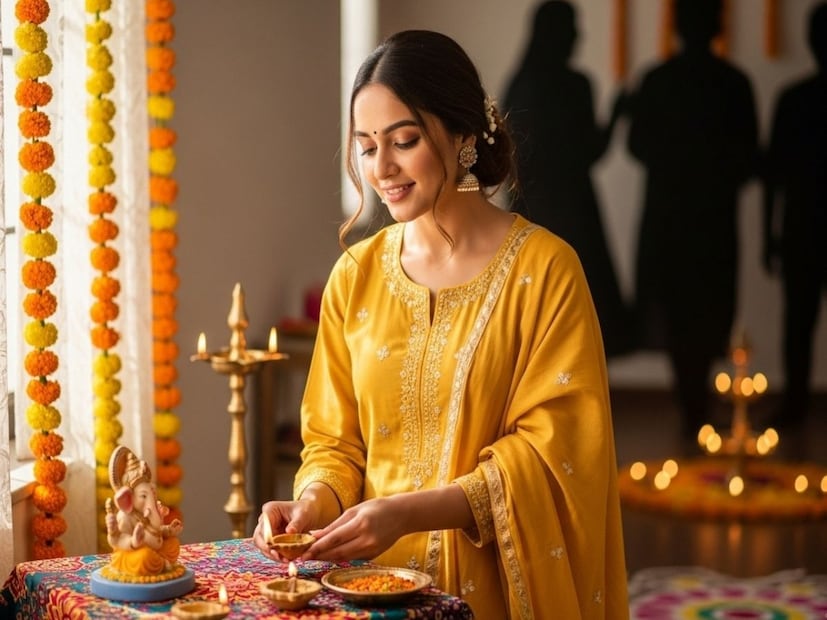 क्लासी कॉटन सूट : तुम्हाला साधा आणि आरामदायी लूक हवा असेल, तर क्लासी कॉटन सूट हा एक उत्तम पर्याय आहे. तुम्ही मस्टर्ड यलो, केशरी किंवा लाल सारखे चमकदार किंवा उबदार टोन निवडू शकता, जे दिवाळीच्या वातावरणाला अनुकूल असेल. दिवसा वापरण्यासाठी कॉटन सूट विशेषतः योग्य असतो. तो पूजेदरम्यान देखील छान दिसेल कारण तो आरामदायी आणि पारंपारिक दोन्ही आहे.