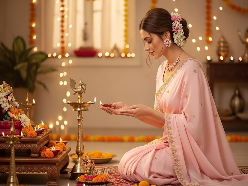 पूजेसाठी खास पारंपारिक लूक : पारंपारिक आणि मऊ रंगांचा लूक पूजेसाठी विशेषतः आदर्श आहे. हलकी पेस्टल साडी, भरतकाम केलेला सूट किंवा हलका लेहेंगा हे चांगले पर्याय आहेत. हलका सोनेरी किंवा गुलाबी रंगाचा रंग पूजेचे वातावरण वाढवतो. साधे दागिने आणि फुलांच्या केसांचे सामान ते आणखी खास बनवतात.