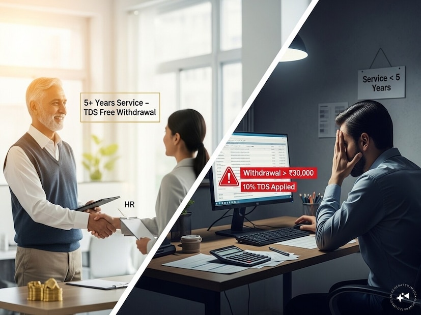 कर आणि TDS लिमिटें - 5 वर्षांपेक्षा जास्त सेवेसह पैसे काढणे सामान्यतः TDS-फ्री असते. 5 वर्षांपेक्षा कमी सेवेसह ₹30,000 पेक्षा जास्त पैसे काढणे सामान्यतः 10% च्या टीडीएस दराच्या अधीन असते.