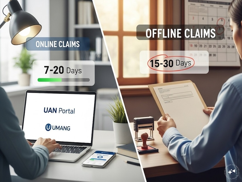 ट्रॅकिंग आणि टाइमलाइन - यूएएन पोर्टल किंवा उमंग वर तुमच्या क्लेमचं स्टेटस ऑनलाइन ट्रॅक करा. निधी सामान्यतः 7 ते 20 दिवसांच्या आत ऑनलाइन आणि 15 ते 30 दिवसांच्या आत ऑफलाइन जमा केला जातो.