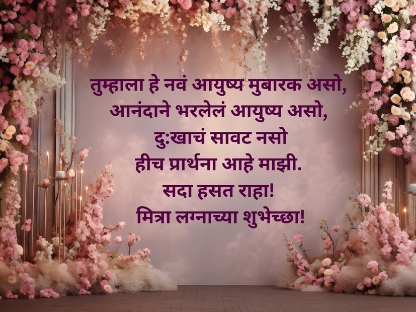तुम्हाला हे नवं आयुष्य मुबारक असो, आनंदाने भरलेलं आयुष्य असो, दु:खाचं सावट नसोहीच प्रार्थना आहे माझी. सदा हसत राहा! मित्रा लग्नाच्या शुभेच्छा!