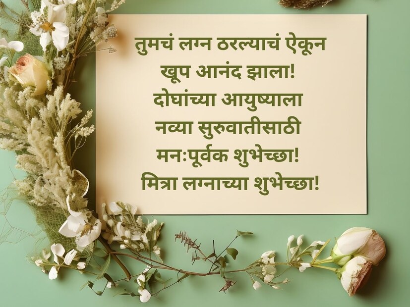 तुमचं लग्न ठरल्याचं ऐकून खूप आनंद झाला! दोघांच्या आयुष्याला नव्या सुरुवातीसाठी मनःपूर्वक शुभेच्छा!