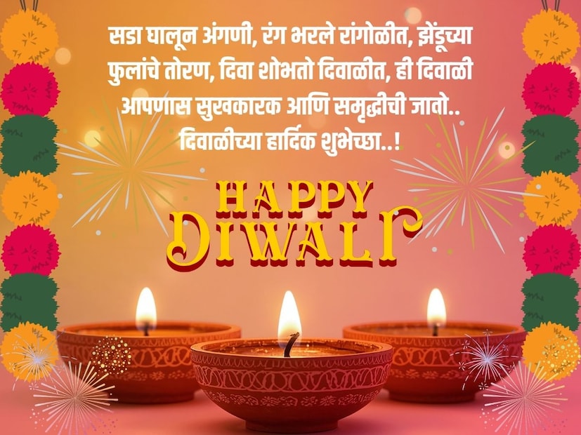 सडा घालून अंगणी, रंग भरले रांगोळीत, झेंडूच्या फुलांचे तोरण, दिवा शोभतो दिवाळीत, ही दिवाळी आपणास सुखकारक आणि समृद्धीची जावो.. दिवाळीच्या हार्दिक शुभेच्छा..!