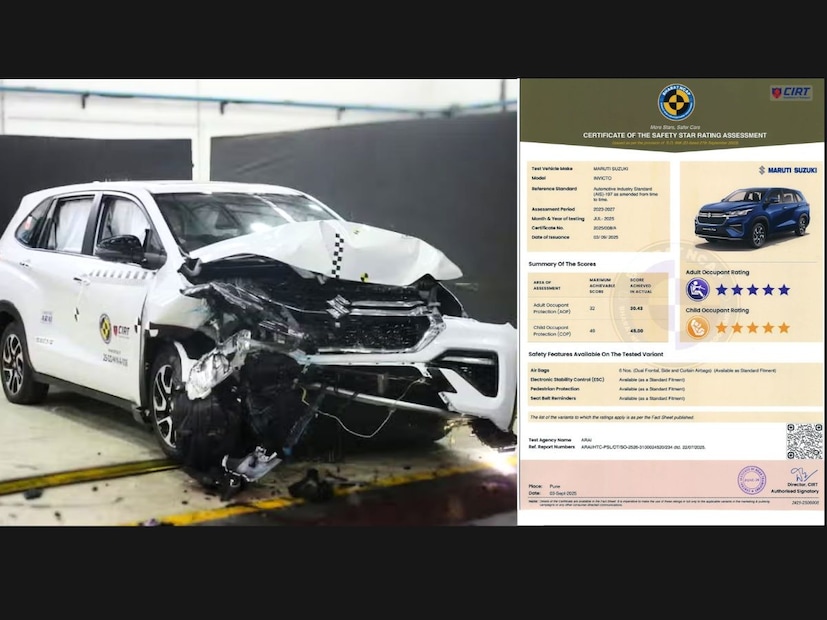Maruti Suzuki Invicto मजबूत स्ट्रक्चरल स्थिरतेसह डिझाइन केली आहे. ही कार आधीच मार्केटमध्ये लाँच झाली आहे. आता या कारची सेफ्टी रेटिंग टेस्ट घेण्यात आली. Maruti Suzuki Invicto नेक्साच्या छताखाली तयार केली आहे. मुळात Maruti Suzuki Invicto ही टोयोटा इनोव्हा हायक्रॉसची कॉपी आहे. फक्त मारुतीने आपल्या फॅक्टरीमध्ये Maruti Suzuki Invicto तयार केली आहे. दोन्ही गाड्यांची चेसी एकसारखीच आहे. फक्त दोन्ही कंपन्यांकडून बांधणी आपआपल्या पद्धतीने केली आहे. 