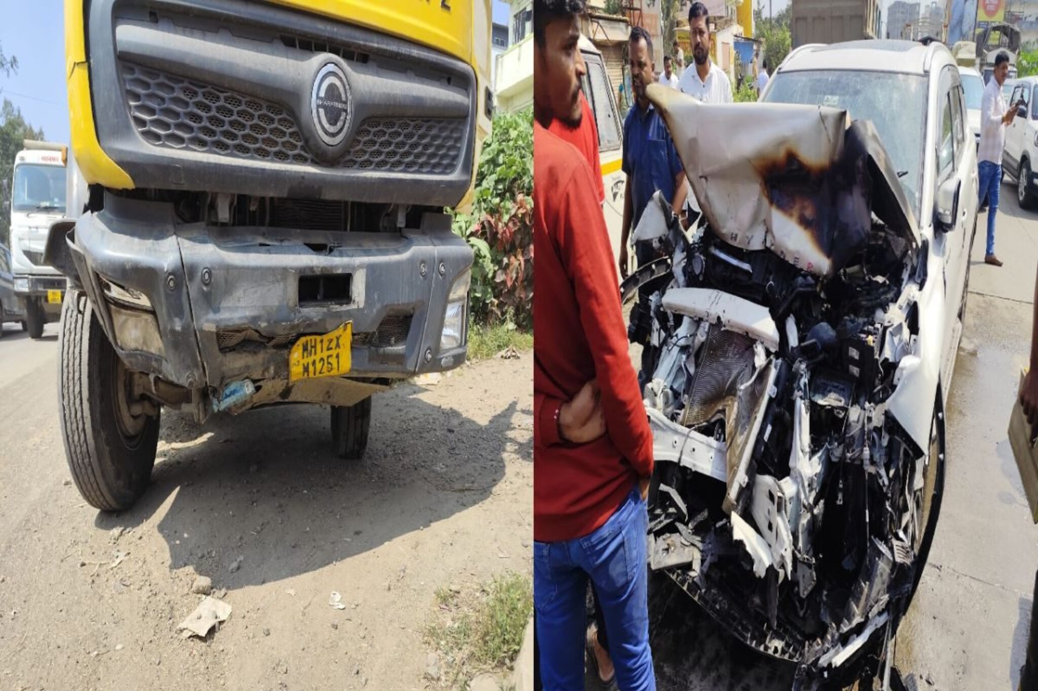 Toyota ची टँकसारखी 'मिनी फॉर्च्युनर' डंपरला धडकली, इंजन फुटलं, आग लागली; पण सगळे वाचले, पुण्यातले PHOTOS