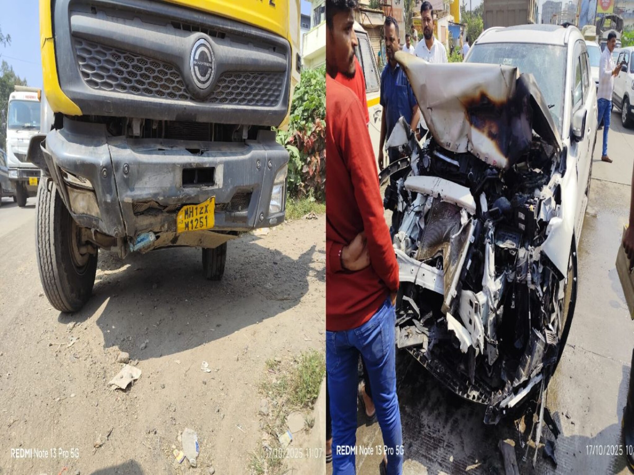 Toyota ची टँकसारखी 'मिनी फॉर्च्युनर' डंपरला धडकली, इंजन फुटलं, आग लागली; पण सगळे वाचले, पुण्यातले PHOTOS