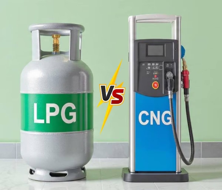 एलपीजी आणि सीएनजी:सीएनजी (Compressed Natural Gas) हा मुख्यतः मीथेन (CH₄) गॅस असतो, तो थेट नैसर्गिक वायूच्या (Natural Gas) साठ्यांमधून मिळतो.
एलपीजी (Liquefied Petroleum Gas) मात्र प्रोपेन (C₃H₈) आणि ब्यूटेन (C₄H₁₀) या दोन गॅसचे मिश्रण असते. तेल शुद्धीकरणाच्या प्रक्रियेदरम्यान (Refinery) मधून हा गॅस तयार होतो. पण दोन्ही इंधने दाबयुक्त सिलेंडरमध्ये ठेवली जातात, हे ऐकच साम्य आहे.
