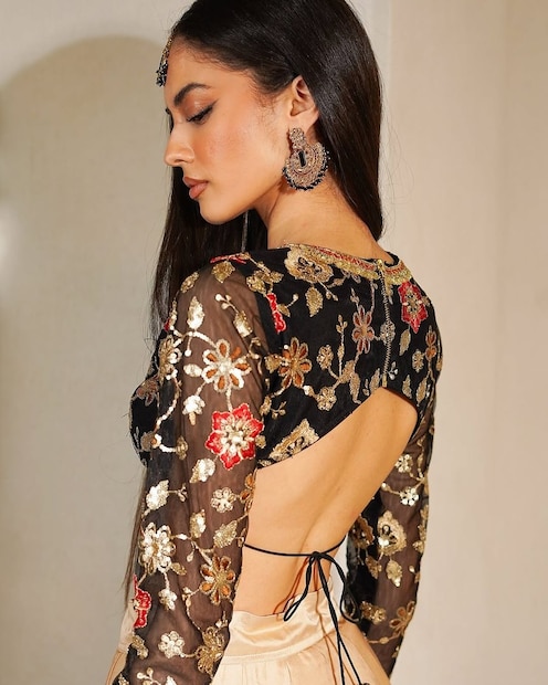 या फुल-स्लीव्ह नेट ब्लाउजमध्ये ग्लॅमरस बॅक डिझाइन आहे. त्यात झिप आणि तळाशी डोरी स्टाइल आहे. हे डिझाइन सध्या ट्रेंडिंग आहे. खास वैशिष्ट्य म्हणजे तळाशी स्ट्राइपऐवजी, वर फॅब्रिक वापरले जाते, जे लूकला आणखी स्टायलिश बनवते.