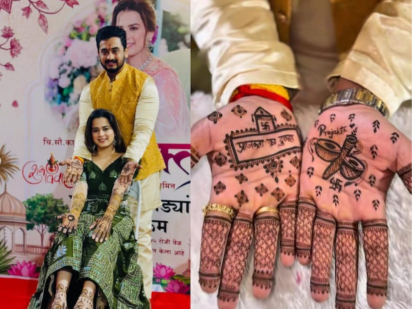  शंभुराज यांनीदेखील आपल्या एका हातावर 'प्राजक्ता का दुल्हा' असं लिहिलं आहे. तर दुसऱ्या हातावर सनई चौघडेची डिझाइन काढत प्राजक्ता असं लिहिलं आहे.