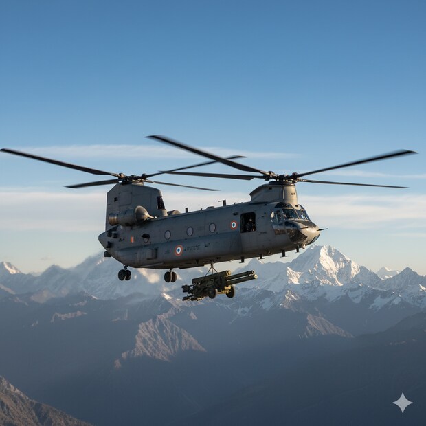 6. चिनूक सीएच- 47 एफ हेलिकॉप्टर (CH-47F Chinook Heavy-lift Helicopter): अवजड सामान वाहून नेणारामूळ देश: अमेरिका

वैशिष्ट्ये:
हे खूप अवजड वस्तू, सैन्य आणि उपकरणे एका ठिकाणाहून दुसऱ्या ठिकाणी नेण्यासाठी वापरले जाते. याच्यात दोन मोठे रोटर्स (Rotors) असल्याने ते मोठ्या आणि अवजड वस्तू सहजपणे वाहून नेऊ शकते.  दुर्गम आणि उंच पर्वतीय प्रदेशात (उदा. सियाचीन) सैन्य आणि रसद पोहोचवण्यासाठी हे हेलिकॉप्टर अत्यंत महत्त्वाचे आहे.