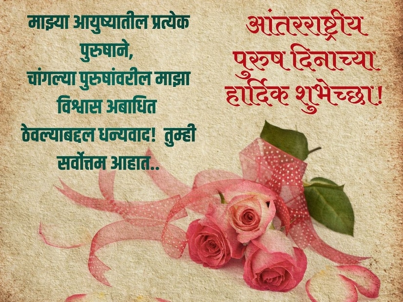 माझ्या आयुष्यातील प्रत्येक पुरुषाने, चांगल्या पुरुषांवरील माझा विश्वास अबाधित 
ठेवल्याबद्दल धन्यवाद!  तुम्ही सर्वोत्तम आहात..
आंतरराष्ट्रीय पुरुष दिनाच्या हार्दिक शुभेच्छा!
