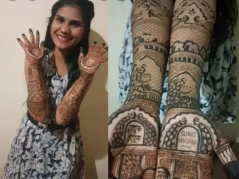  संजनाच्या मेहंदीवर 'सूरज-संजना' असं लिहिलेलं पाहायला मिळत आहे. विशेष म्हणजे संजनाने तिच्या मेहंदीच्या डिजाइनमध्ये सूरजचा एक खास डायलॉग लिहिला आहे.