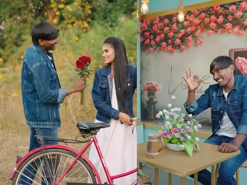  सूरज आणि संजनाचा डेनिम लूकदेखील लक्ष वेधणारा आहे. कारण या फोटोमध्ये सूरज संजनाला गुलाबाची फुलं देताना दिसत आहे.