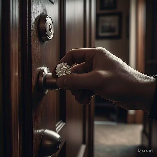 हँडलवर नाणं ठेवल्याने तुम्ही सुरक्षित राहाल आता ते कसं? असा प्रश्न तुम्हाला पडला असेल. तर नाणं हे हँडलवर राहिल, हँडल हललं तर नाणं खाली पडेल.  जेव्हा तुम्ही उठाल आणि नाणं खाली पडलेलं पाहाल तर कुणीतरी तुमच्या रूममध्ये घुसण्याचा प्रयत्न करत होतं हे समजून जा. याचा अर्थ तुम्ही त्या हॉटेल रूममध्ये सुरक्षित नाहीत. (सर्व फोटो : AI Generated image)