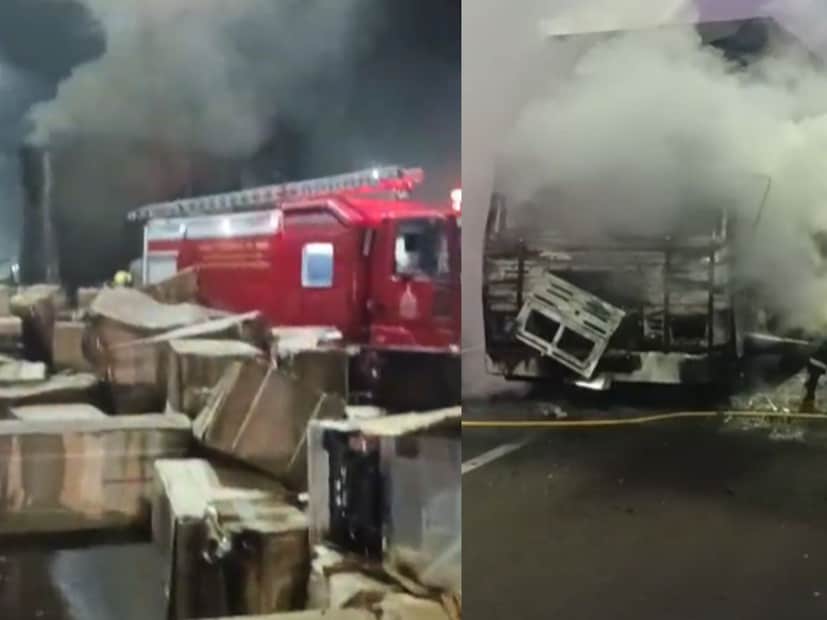 हिंगोलीतील नांदेडकडे जाणाऱ्या राष्ट्रीय महामार्गावर द बर्निंग कंटेनरचा थरार पाहायला मिळाला. सुदैवाने या दुर्घटनेत कोणतीही जीवितहानी झाली नाही. मात्र, कंटेनर मधील 30 ते 40 फ्रिज व ट्रकचे मोठं नुकसान झालं. 