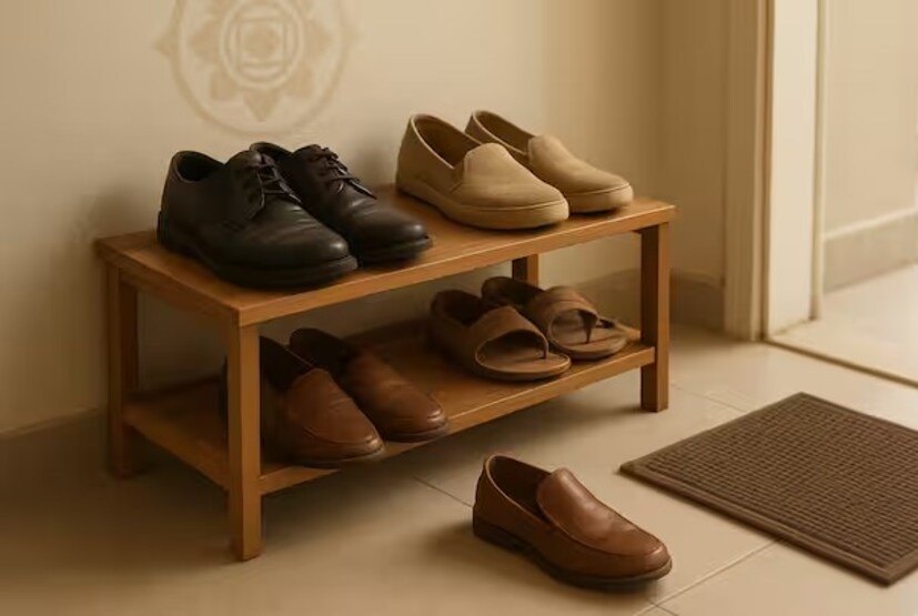 शूज किंवा चपला नेहमी व्यवस्थित शू रॅकमध्ये ठेवाव्यात. मुख्य दारासमोर किंवा उंबरठ्यावर शूजचा ढिग लावू नका. यामुळे घरात सकारात्मक ऊर्जेचा प्रवेश थांबतो आणि दारिद्र्य घरात येते.