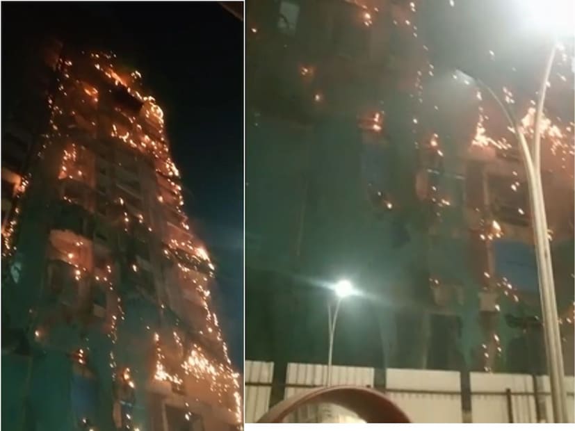 बघता बघता प्लास्टिकच्या नेटने आगीचं रौद्ररुप धारण केलं. इमारतीला लावलेल्या या प्लास्किटची नेट जळून खाक झाली. आगीचे दृष्य पाहून इमारतीला कुणी लायटिंग लावली का, असं दृश्य पाहण्यास मिळालं. 