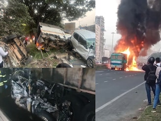 नवले पुलावर मृत्यूचा 'कंटेनर', 2 कंटेरनमध्ये सापडलेल्या कारचे भयावह Photos