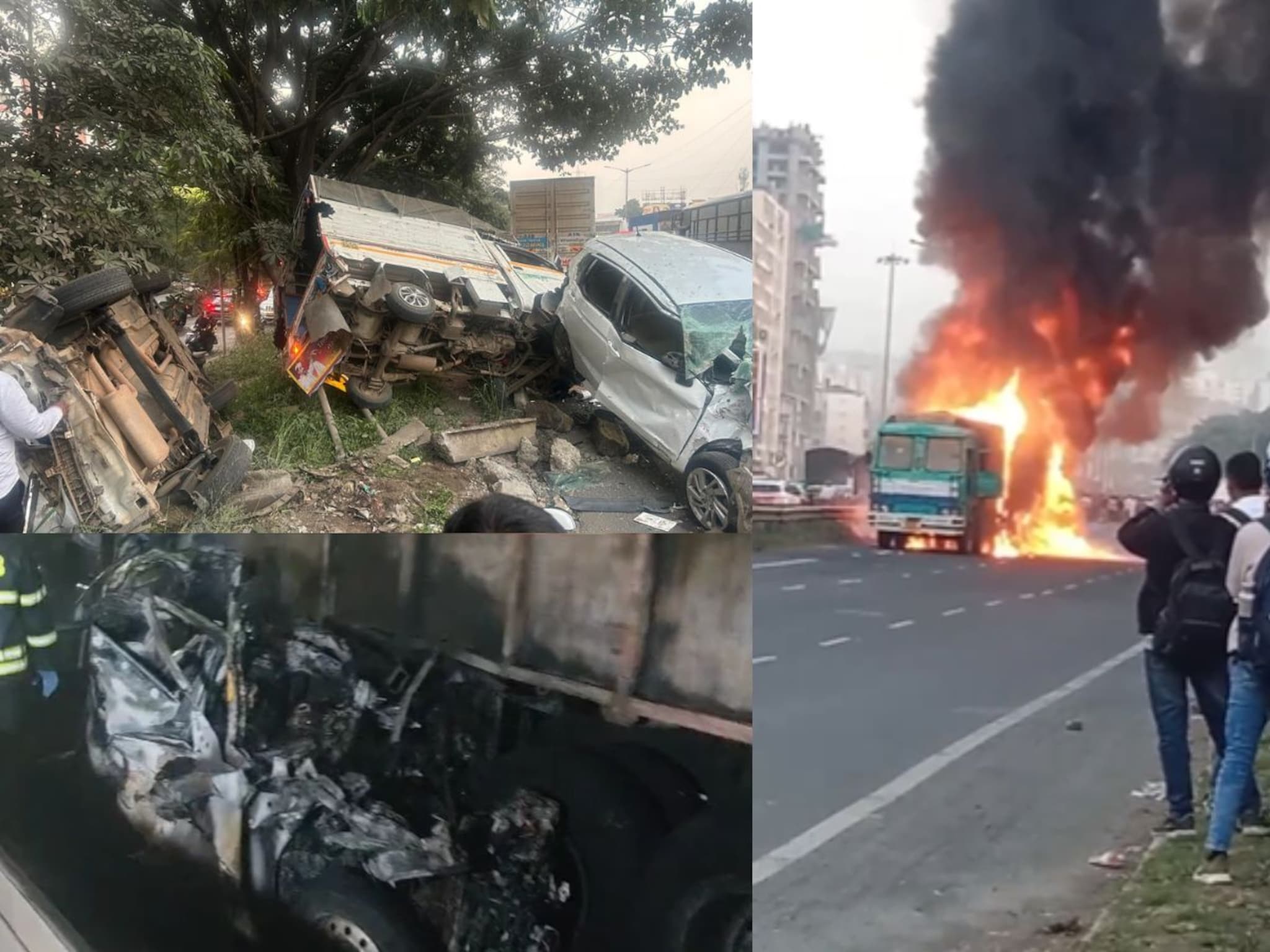 नवले पुलावर मृत्यूचा 'कंटेनर', 2 कंटेरनमध्ये सापडलेल्या कारचे भयावह PHOTOS, प्रवाशांचा कोळसा