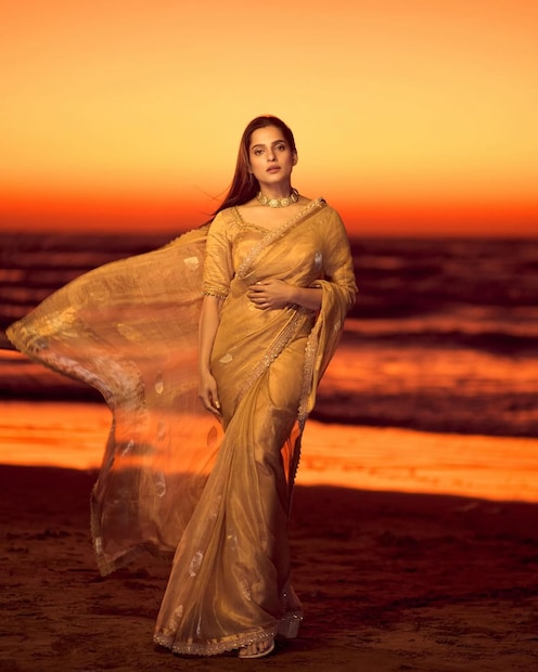 प्रियाने समुद्रकिनारी साडीत केलेलं फोटोशूट. गोल्डन कलरची साडी, वाऱ्यावर उडणारा पदर आणि मागे सूर्यास्ताने पसरलेला रंग या सगळ्याचं कॉम्बिनेशन खूप छान पद्धतीने जुळून आलं आहे. 