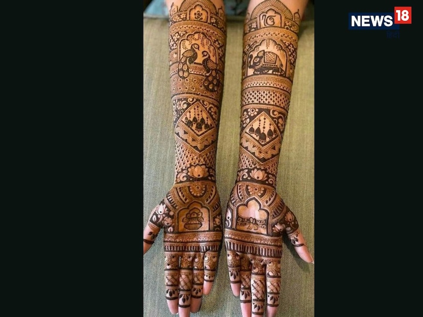 राजस्थानी पारंपारिक डिझाईन : ही डिझाईन गुंतागुंतीच्या जाळीच्या कामाने, मण्यासारख्या बॉर्डर पॅटर्नने आणि सममितीय भौमितिक आकारांनी भरलेली आहे, जी संपूर्ण हाताला झाकते. दाट फिलिंग हातांना समृद्ध आणि शाही लूक देते, ज्यामुळे ते वधूच्या पोशाखांसोबत एक उत्तम जोडी बनते. टीप : या स्टाईलसाठी तपशील स्पष्टपणे दिसण्यासाठी गडद रंगासह नैसर्गिक मेहंदी वापरा.