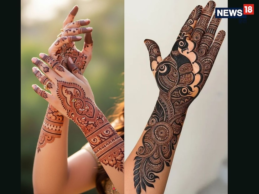 मोरापासून प्रेरित मेहंदी डिझाइन : या डिझाइनमध्ये मोराचे शरीर आणि त्याचे उघडे पंख तपशीलवार कामाने दर्शविले आहेत, ज्यामध्ये वक्र रेषा आणि ठिपकेदार काम समाविष्ट आहे. मोराची रचना राजेशाही आणि कृपेचे प्रतीक मानली जाते. म्हणून ती वधूला एक अनोखा आणि खास लूक देते. 