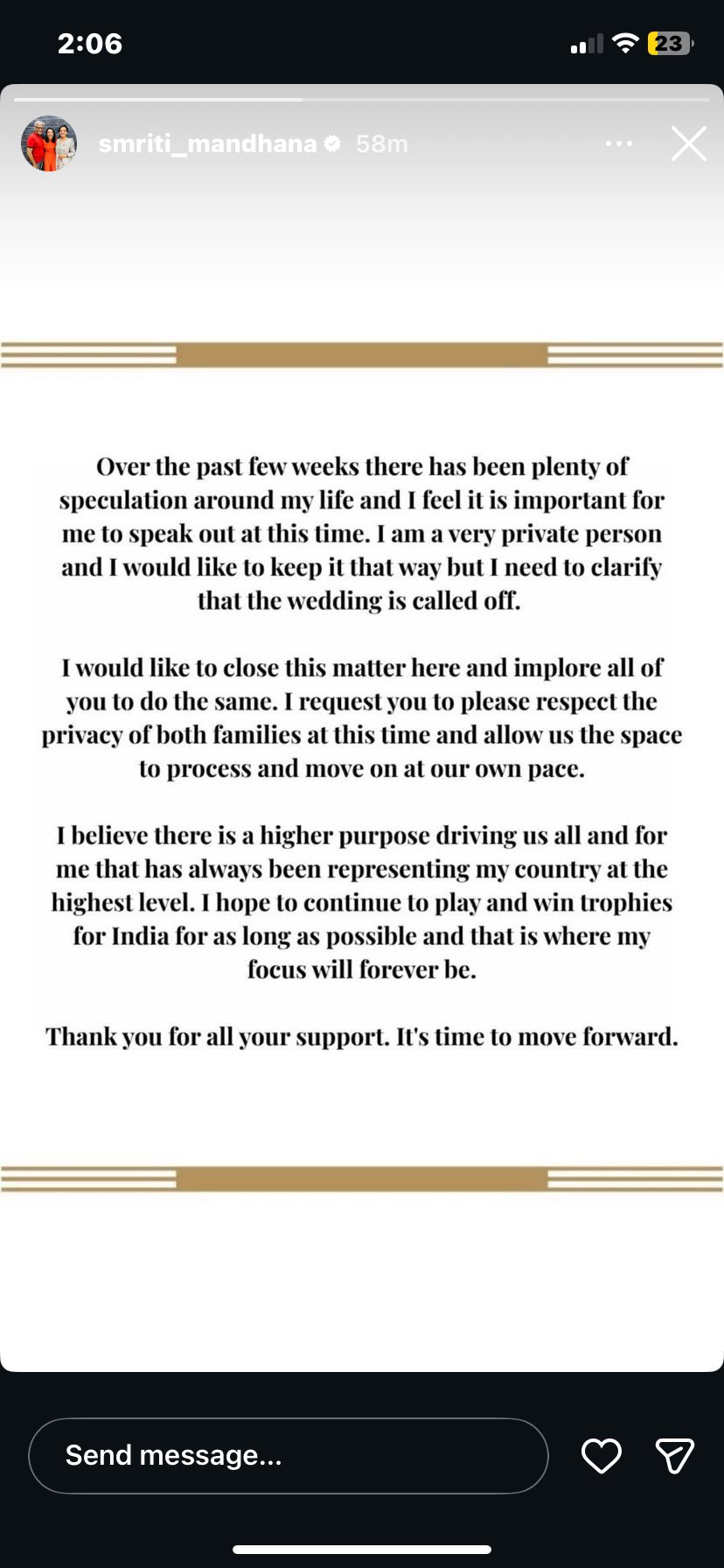 Smriti Mandhana instragram story wedding called off