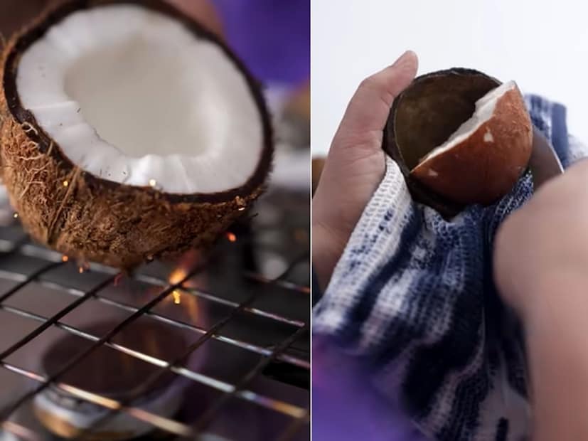 तर यासाठी शेफ कुणाल कपूर यांनी एकदम सोपी ट्रिक सांगितली आहे. ज्यात त्यांनी खोबऱ्याची फोडलेली वाटी काही वेळ गॅसवर गरम ठेवायला सांगितली आहे. थोड्या वेळाने ही वाटी एका कापडात घ्या आणि आता सुरी किंवा चाकू फक्त हलका फिरवा. तुम्ही पाहाल खोबरं अख्खच्या अख्खं बाहेर येईल.