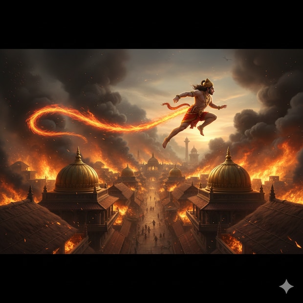 2. रावणाचा अपमान आणि देवांचे क्रोधीत होणे (The Divine Anger)हनुमानाला अग्नीचा (Fire) स्रोत रावणाने स्वतः दिला होता. रावणाने हनुमानाचा अपमान करण्यासाठी त्यांच्या शेपटीला कापड गुंडाळून ती जाळण्याचा आदेश दिला होता. ही आग सामान्य नव्हती, कारण हनुमान हे स्वतः रुद्राचे (शिवाचे) अंश मानले जातात. या प्रसंगी हनुमानाने प्रचंड रूप धारण करून देवांकडून मिळालेल्या शक्तींचा वापर केला. या दैवी सामर्थ्यामुळे (Divine Power) आगीचा वेग आणि उष्णता अनेक पटीने वाढली.
असे मानले जाते की, रावणाच्या पापांमुळे आणि गर्वामुळे देवांनीही हनुमानाला मदत केली, ज्यामुळे सोन्याच्या नगरीचे तेज कमी झाले आणि ती आग जास्त प्रभावी ठरली.
