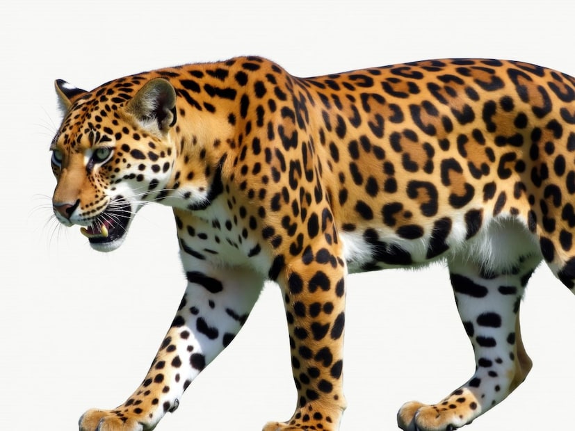 जग्वार (Jaguar):जग्वार हा सर्वात ताकदवान बिग कॅटजग्वार हा बिबट्या आणि चित्ता दोघांपेक्षाही अधिक मजबूत, वजनदार आणि शक्तिशाली असतो. याचा जबडा इतका ताकदवान असतो की तो कासवाचे कवच सुद्धा सहज फोडू शकतो आणि थेट कवटीत चावा घेऊन शिकार करतो. त्याचे डोके मोठे असते. याचे 'रोजेट्स' (गुच्छ्यांसारखे ठिपके) बिबट्यासारखेच दिसतात, पण सर्वात सोपी खूण म्हणजे या 'रोजेट्स'च्या आत एक किंवा दोन छोटे काळे ठिपके (Dots) नक्कीच असतात.