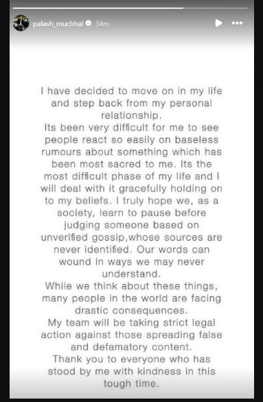 Palash Muchhal instagram story after wedding called off
