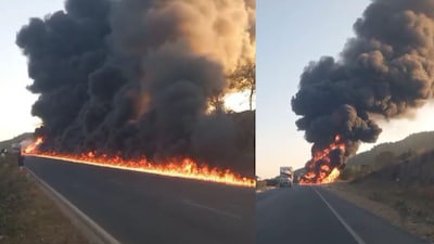 Beed: Diesel Tanker Explodes in Manjarsumba Ghat, Highway Ablaze