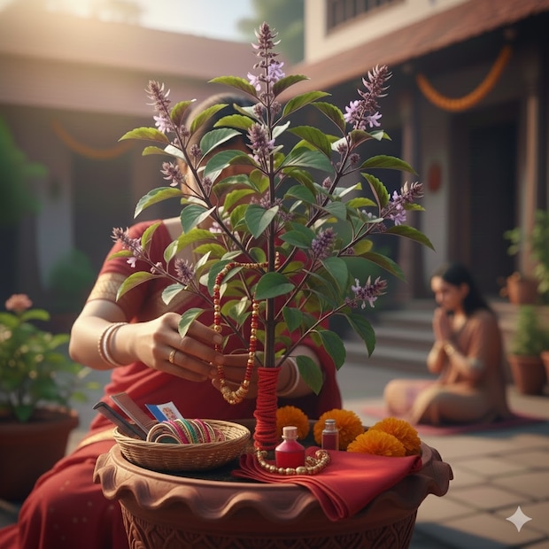 शृंगाराचे सामान : तुळशी मातेला शृंगाराचे सामान अर्पण करणे अत्यंत शुभ मानले जाते. असे मानले जाते की तुळशीला बांगड्या, स्कार्फ, सिंदूर किंवा शृंगाराच्या इतर वस्तू अर्पण केल्याने वैवाहिक जीवनात प्रेम, सुसंवाद आणि स्थिरता येते. ही एकच प्रथा वैवाहिक नात्यांमधील अडथळे दूर करण्यास मदत करू शकते.