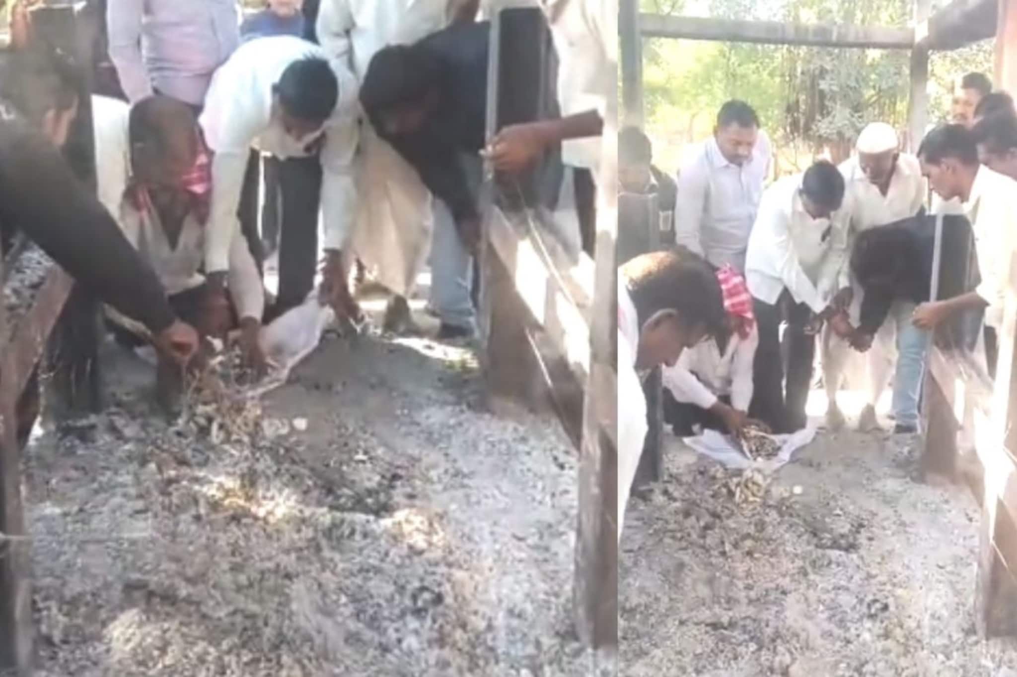राख गोळा करायला गेले,स्मशानभूमीतलं दृश्य पाहून नातेवाईक हादरले, गावात संताप राख गोळा करायला गेले,स्मशानभूमीतलं दृश्य पाहून नातेवाईक हादरले, गावात संताप