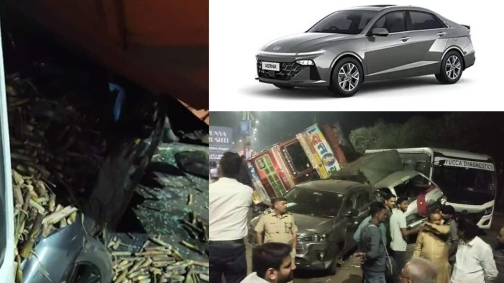 Kolhapur: उसाने भरलेला ट्रक 5 गाड्यांना धडकला अन् hyundai verna वर उलटला, नशीब चांगलं म्हणून ड्रायव्हर वाचला, कोल्हापुरातील PHOTOS