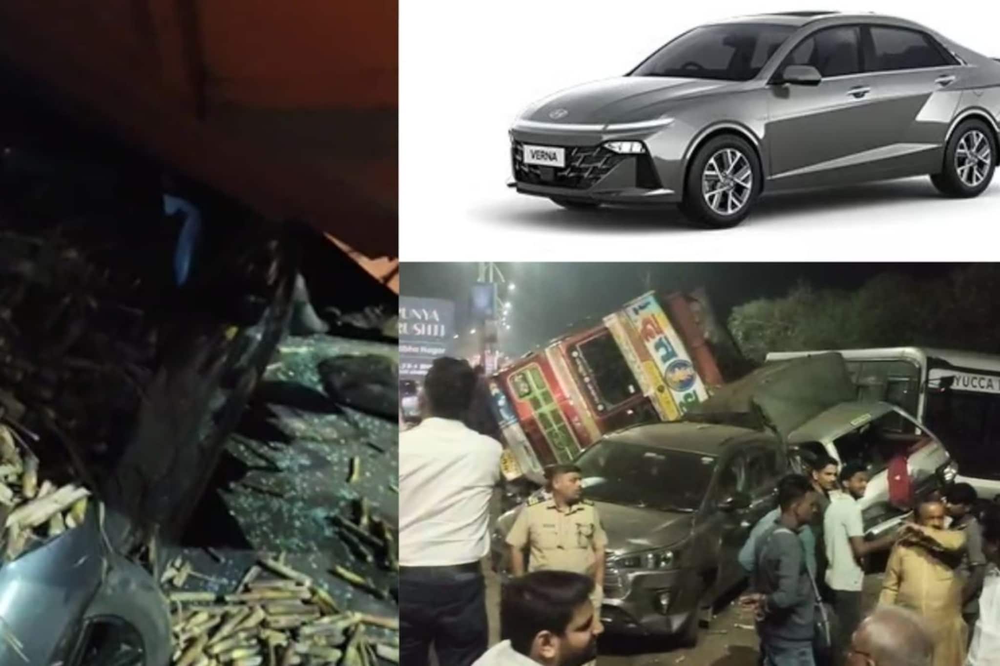 ट्रक 5 गाड्यांना धडकला अन् hyundai verna वर उलटला,नशीब चांगलं म्हणून ड्रायव्हर..